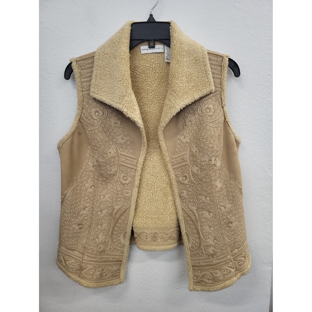 Vintage Dana Buchman Embroidered Faux Suede Sherpa Lined Vest, Beige, Size 8